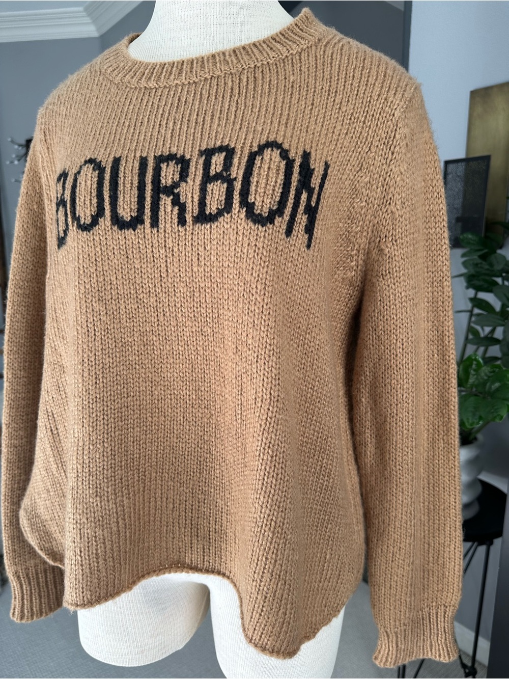Wooden Ships Camel Crewneck Sweater with Black BOURBON Text size S/M - Picture 9 of 16